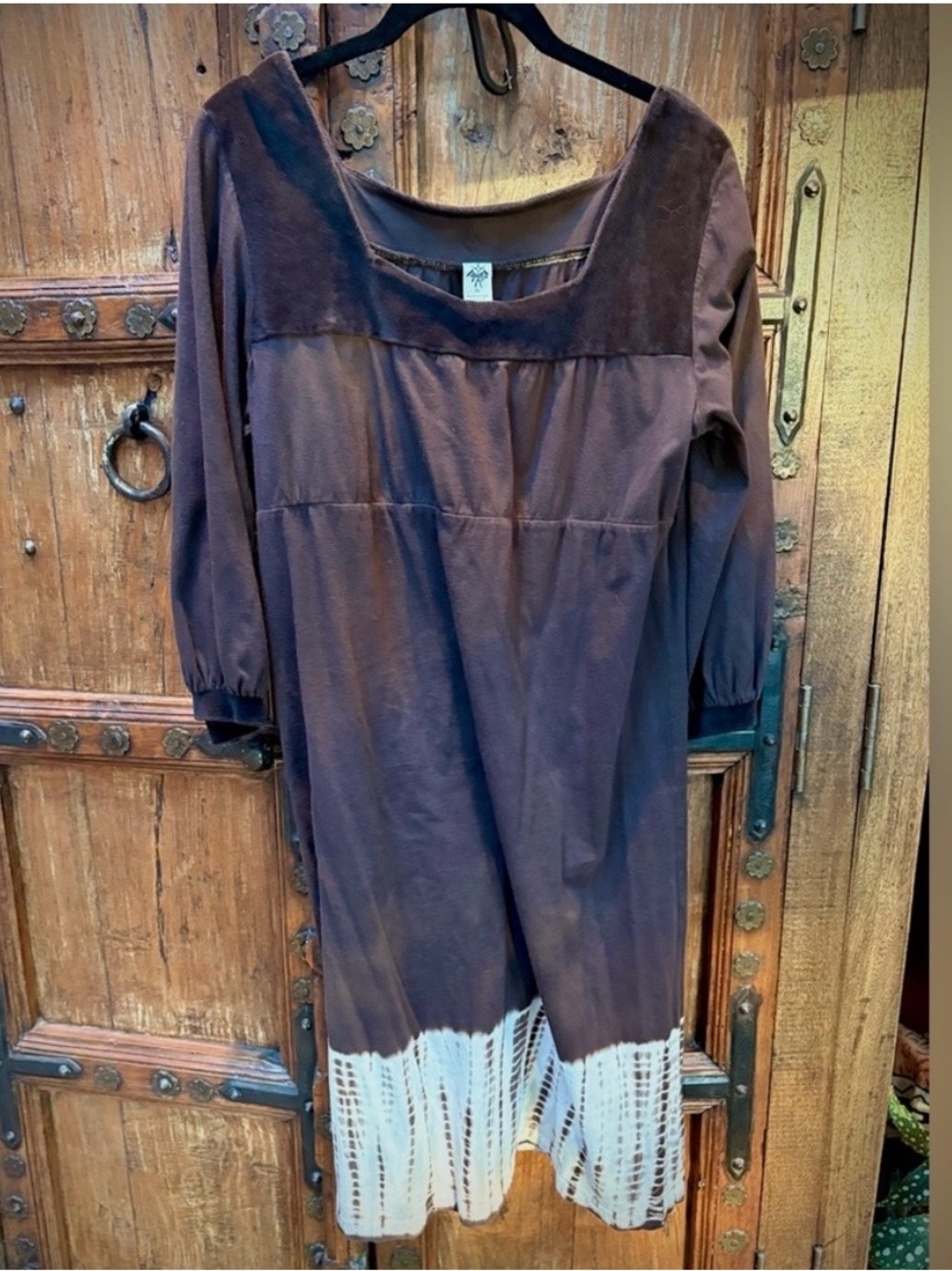 Prana Dark Brown 100% Cotton Midi Dress with velvet trim. 3/4 sleeve EUC XL - Picture 2 of 12